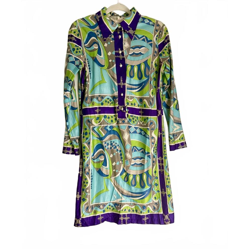 Vintage 1960s Suburbia of USA Psychedelic Print Collared LS Dress M RARE
